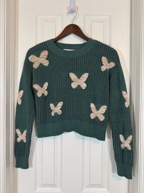Sugar Moon Green Butterfly Cropped Knit Sweater Size S